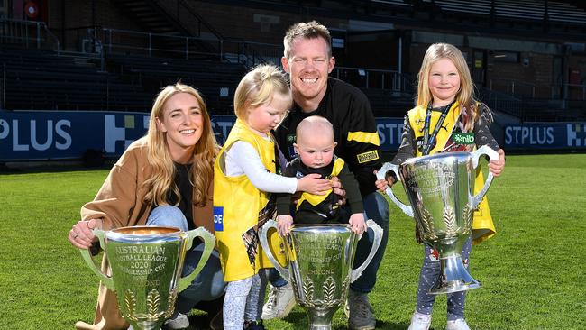 Jack Riewoldt with his wife Carly and children Hazel, Tommy and Poppy after announcing his retirement. Picture: Morgan Hancock/Getty Images