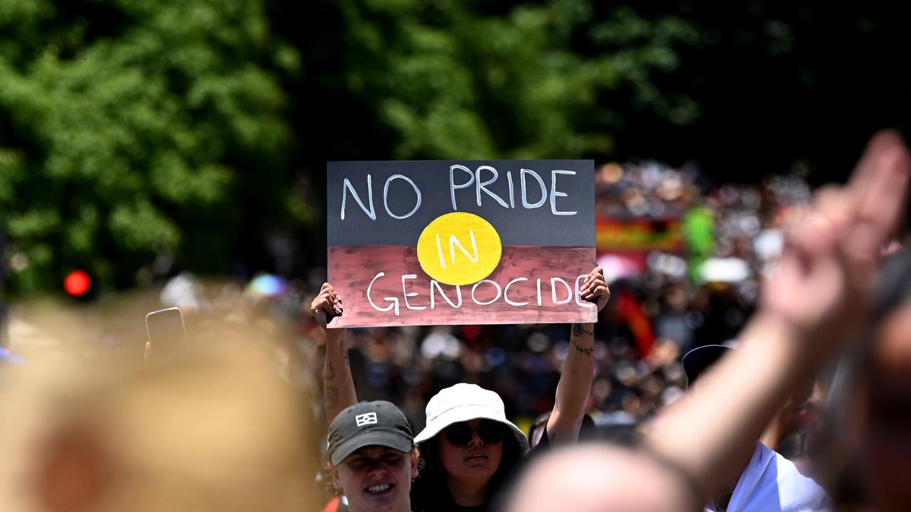 Protesters take part in an Invasion Day rally and march in Brisbane, coinciding with Australia Day. Picture: NCA Newswire / Dan Peled