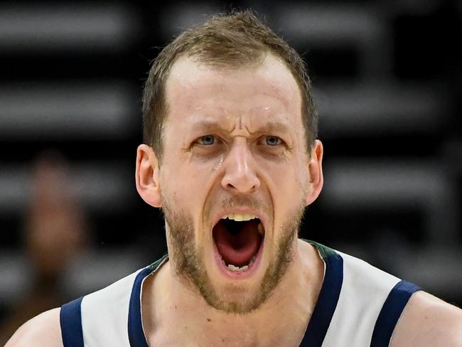 SALT LAKE CITY, UT - OCTOBER 16: Joe Ingles #2 of the Utah Jazz celebrates a play during a preseason game Portland Trail Blazers at Vivint Smart Home Arena on October 16, 2019 in Salt Lake City, Utah. NOTE TO USER: User expressly acknowledges and agrees that, by downloading and or using this photograph, User is consenting to the terms and conditions of the Getty Images License Agreement.  (Photo by Alex Goodlett/Getty Images)