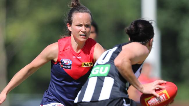 AFLW player Daisy Pearce first game back since having twins. Melbourne v Collingwood AFLW practice match Picture: Alex Coppel.