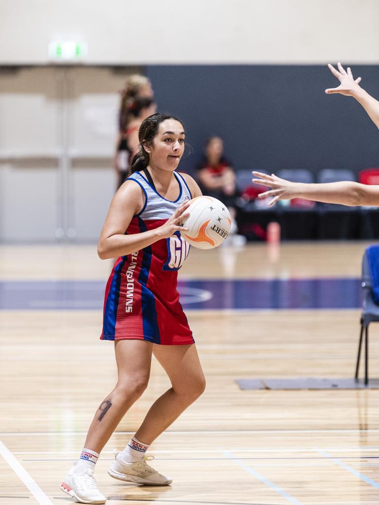 Halle Webster of Darling Downs against Peninsula in Queensland School Sport 16-19 Years Girls Netball Championships at Clive Berghofer Arena, St Mary's College, Friday, May 6, 2022. Picture: Kevin Farmer