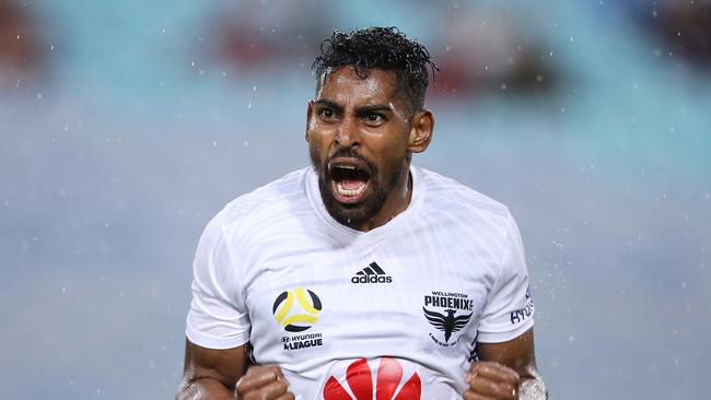 SYDNEY, AUSTRALIA - JANUARY 08: Roy Krishna of the Phoenix celebrates scoring a goal during the round 12 A-League match between the Western Sydney Wanderers and the Wellington Phoenix at ANZ Stadium on January 08, 2019 in Sydney, Australia. (Photo by Mark Kolbe/Getty Images)