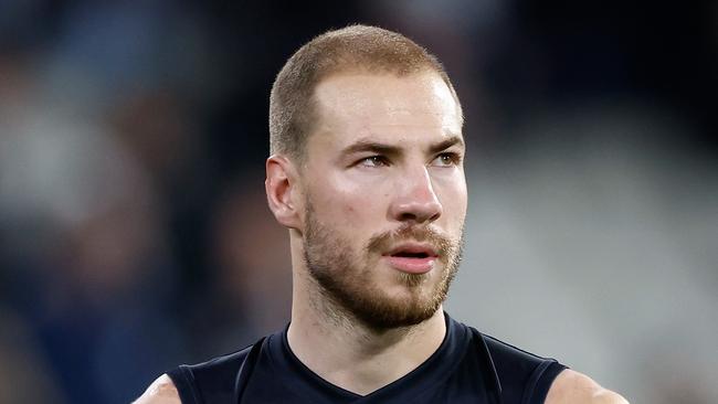 MELBOURNE, AUSTRALIA - MAY 03: Harry McKay of the Blues looks dejected after a loss during the 2024 AFL Round 08 match between the Carlton Blues and the Collingwood Magpies at The Melbourne Cricket Ground on May 03, 2024 in Melbourne, Australia. (Photo by Michael Willson/AFL Photos via Getty Images)