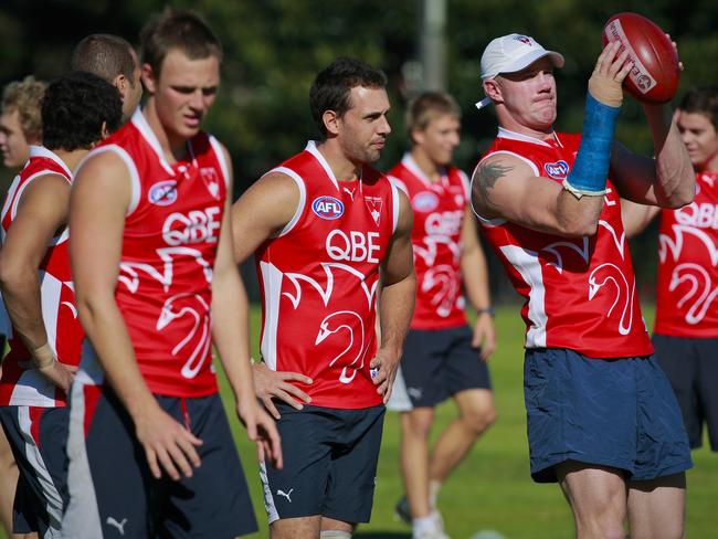 Champ ... Barry Hall with team mates when he played for the Sydney Swans. Picture: Supplied