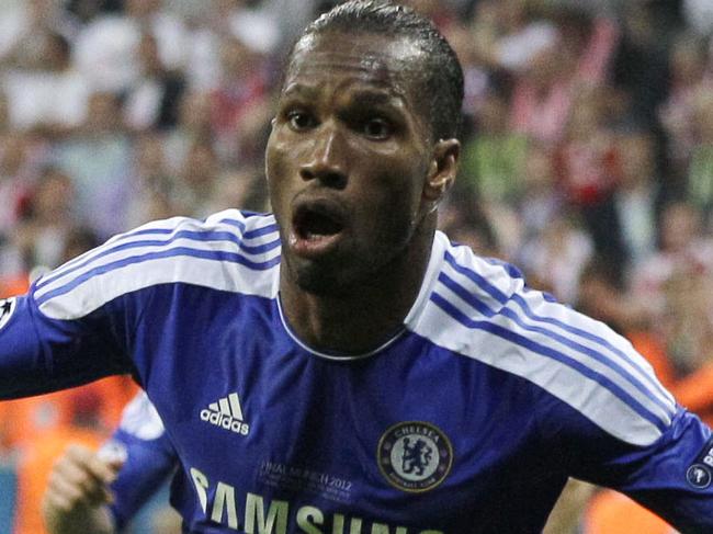 Chelsea's Didier Drogba celebrates after scoring during the Champions League final soccer match between Bayern Munich and Chelsea in Munich, Germany Saturday May 19, 2012. (AP Photo/Frank Augstein)