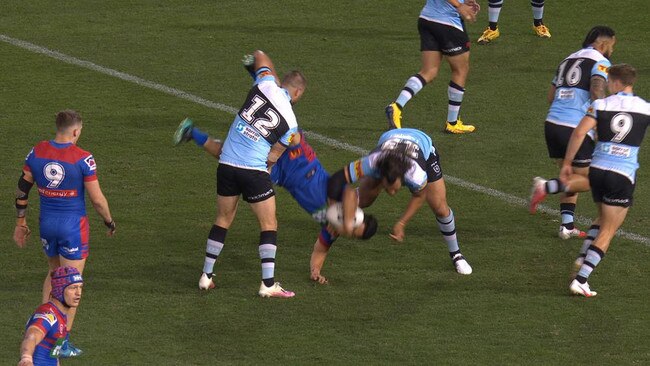 Wade Graham will miss two games for this dangerous tackle on Knights’ Mason Lino. Picture: Fox Sports.