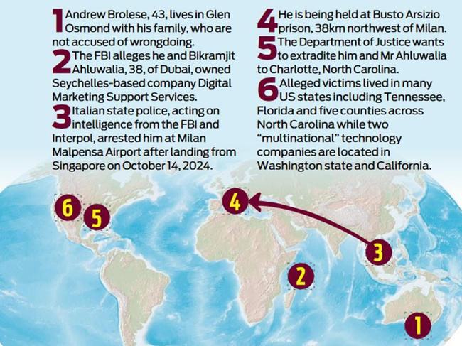 A map showing the global hunt for Adelaide businessman Andrew Brolese. Picture: The Advertiser