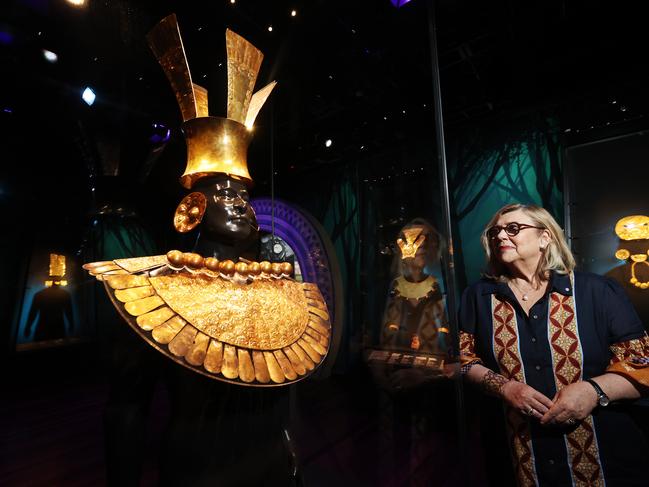 21/11/24: Australian Museum Director, Kim McKay with Ann exhibit of gold armour at the Machu Picchu and the Golden Empires of Peru Media launch. John Feder/The Australian.