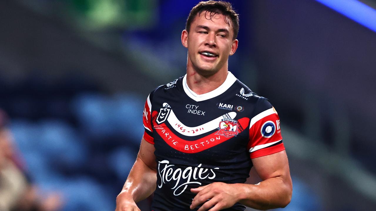 SYDNEY, AUSTRALIA - AUGUST 12: Joseph Manu of the Roosters celebrates scoring a try during the round 24 NRL match between Sydney Roosters and Dolphins at Allianz Stadium on August 12, 2023 in Sydney, Australia. (Photo by Jeremy Ng/Getty Images)