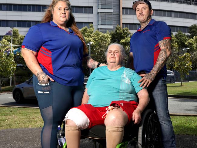 Nicole and Rob Blachut with mum Rosemary Blachut, PA Spinal Ward whistleblower, outside hospital at the main entrance, PA Hospital, Ipswich Rd, Woolloongabba - on Thursday 31st of October 2024 - Photo Steve Pohlner