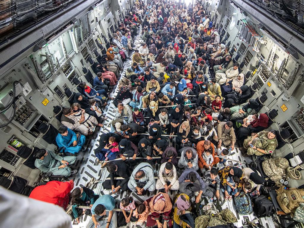 A full flight of 265 people are evacuated out of Kabul by the UK Armed Forces on August 21, 2021 in Kabul, Afghanistan. Picture: Getty Images