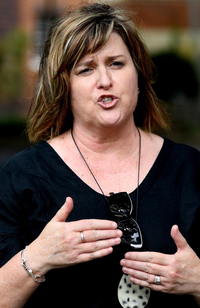 Angela Lynch AM, the CEO of Women's Legal Service Queensland, speaks outside Parliament House in Brisbane. Picture: NCA NewsWire / Dan Peled