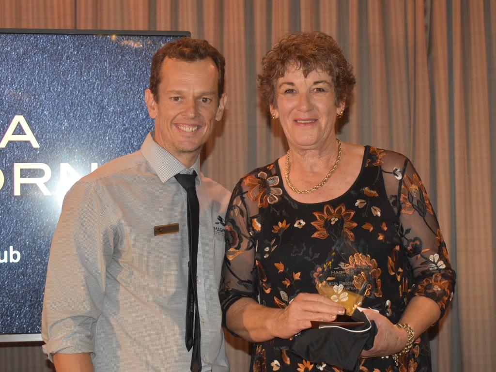 Magpies Sporting Club general manager Darren Smith (left) with Magpie of the Year Teresa Dreghorn at Magpies awards night, October 29, 2021. Picture: Matthew Forrest