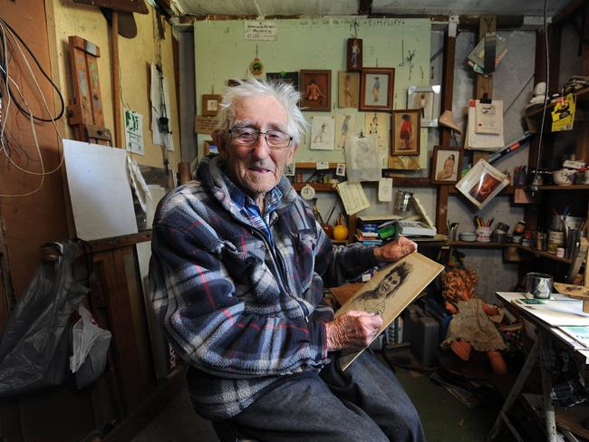 Ted Wale, at age 103, in his studio in Cabramatta.