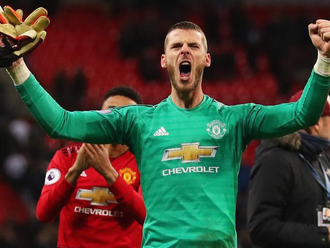 LONDON, ENGLAND - JANUARY 13:  David De Gea of Manchester United celebrates victory after the Premier League match between Tottenham Hotspur and Manchester United at Wembley Stadium on January 13, 2019 in London, United Kingdom.  (Photo by Catherine Ivill/Getty Images)