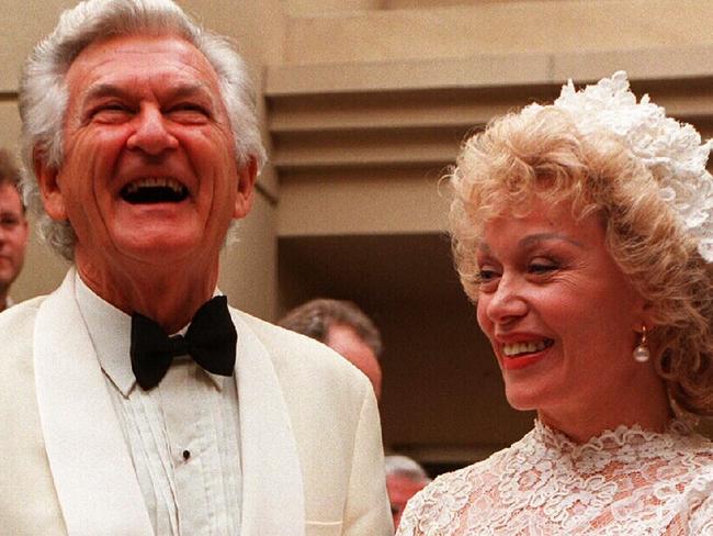 Former PM Bob Hawke and Blanche d’Alpuget after wedding ceremony at the Ritz Carlton Hotel in Double Bay, Sydney.