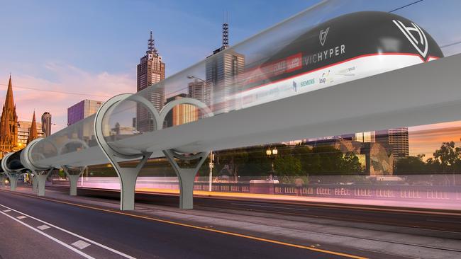 An artist's impression of the Hyperloop pod on Princes Bridge, Melbourne.