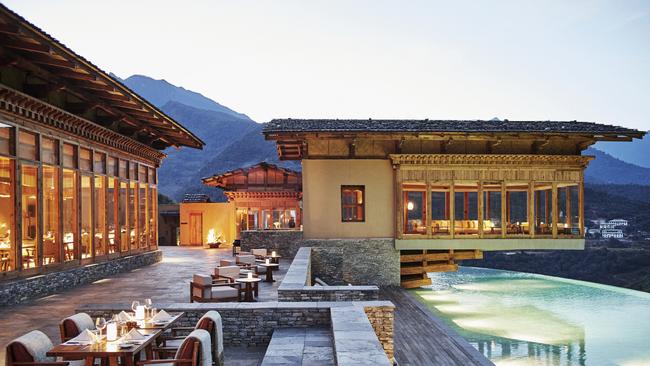 Flying Farmhouse and the pool at Six Senses Punakha resort in Bhutan.