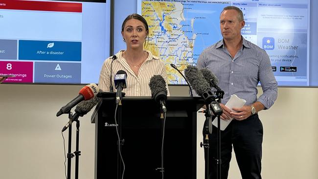 Gold Coast mayor Tom Tate, with Queensland Minister for Housing Meaghan Scanlon and Minister for Energy Mick de Brenni speaking about the Christmas Day storm at the Gold Coast disaster centre Picture: NCA NewsWire / Aisling Brennan