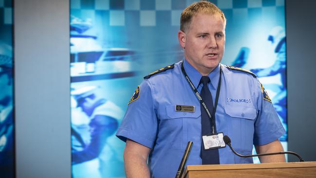 Tasmania Police Inspector Doug Oosterloo speaks to media about a joint AFP and Tasmania Police operation at Dover. Picture: LUKE BOWDEN