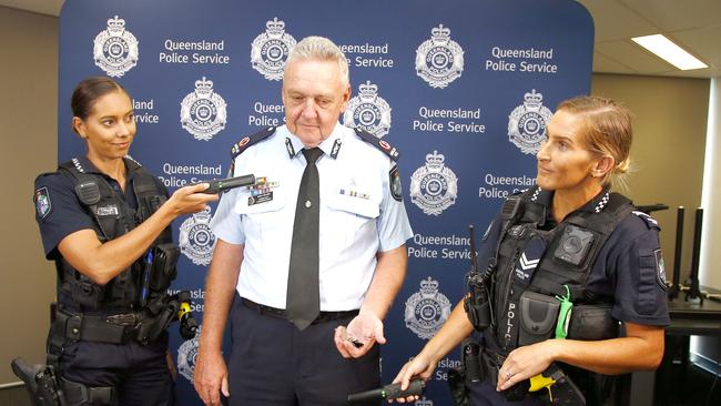 Assistant commissioner Brian Wilkins with constable Brianna Biles, left, and senior constable Jacqui Hunt, right, during a press conference about a wanding trial to be established in Safe Night Precincts. Picture: Tertius Pickard.