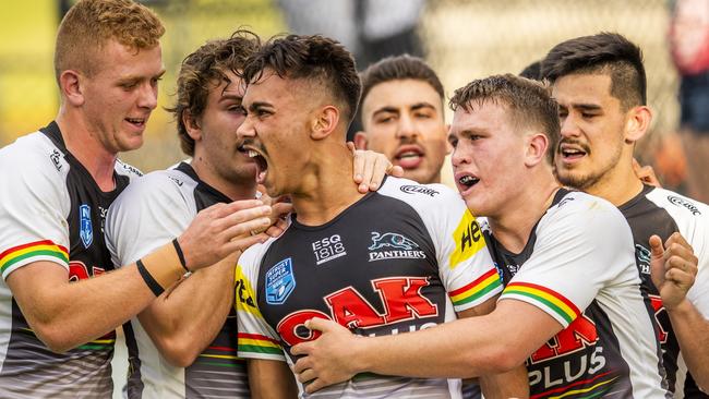 Daine Laurie celebrates after scoring a try for the Penrith Panthers jersey flegg side during the preliminary final earlier this season.