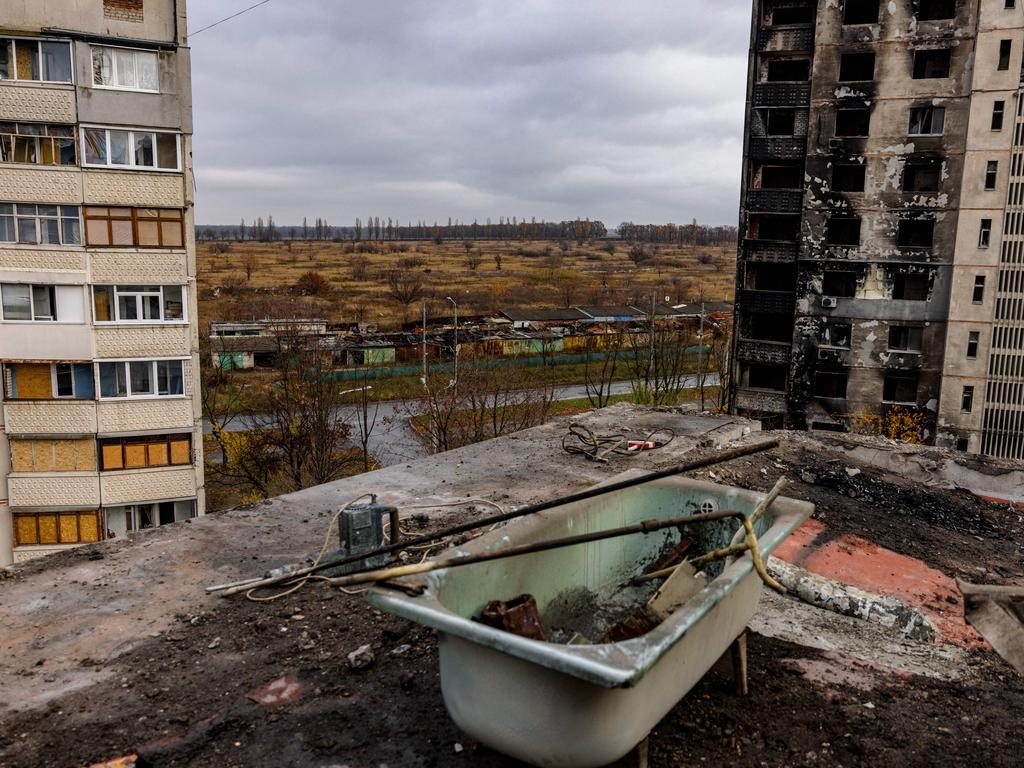 Destroyed residential buildings after a shelling on the outskirts of Kharkiv, amid the Russian invasion of Ukraine. Picture: AFP