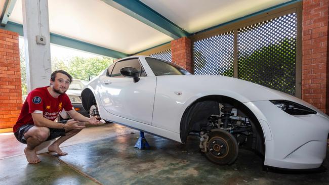 Darwin man Samuel Saalfeld woke up to find all four tyres - and their rims - had been stolen in the dead of night. Picture: Pema Tamang Pakhrin