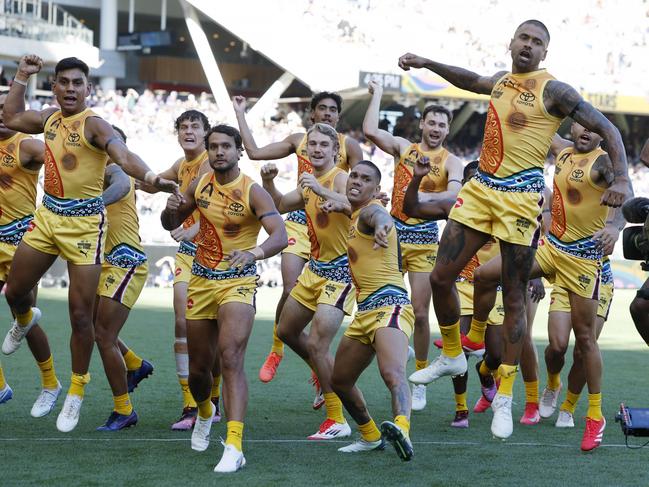 The All Stars complete a war dance pre game. Picture: Michael Klein