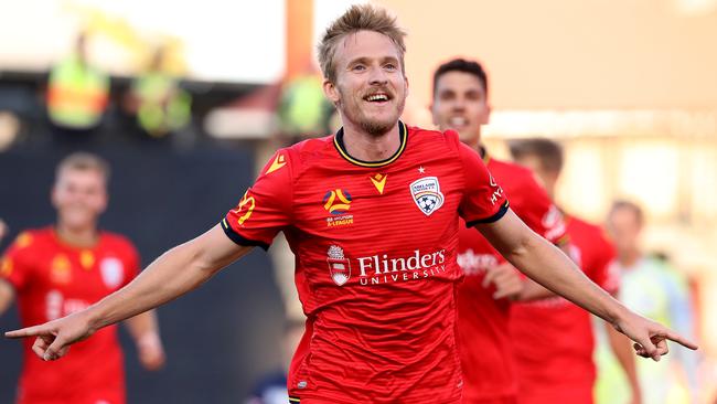 Ben Halloran celebrates scoring for Adelaide United. Picture: Jonathan DiMaggio/Getty Images