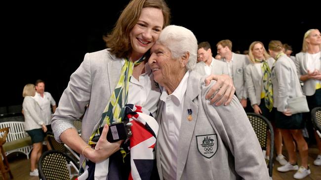 Swimming champion Cate Campbell was announced as the second flagbearer. She accepted the Australian flag from swimmer Dawn Fraser who carried the flag at the Closing Ceremony in Tokyo 1964 Olympics. Picture: Delly Carr