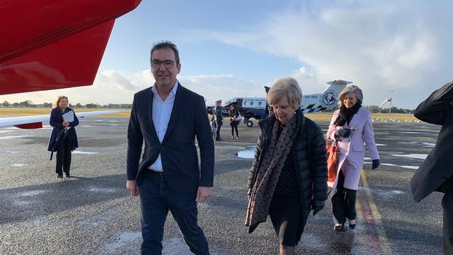 Mount Gambier Mayor Lynette Martin pictured with Premier Steven Marshall and Chief Public Health Officer Nicola Spurrier during their August 2020 visit. Picture: Gretel Sneath