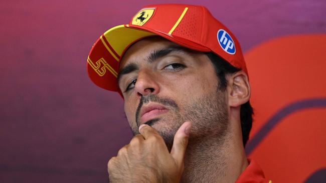 Ferrari's Spanish driver Carlos Sainz looks on during a press conference ahead of the Formula One Belgian Grand Prix at the Spa-Francorchamps circuit in Spa on July 25, 2024. (Photo by JOHN THYS / AFP)