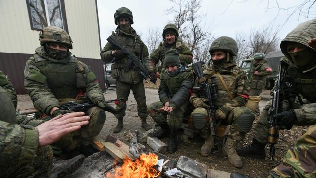 Pro-Russian separatists, in uniforms without insignia, gather in the separatist-controlled settlement of Mykolaivka (Nikolaevka) and Bugas, in Donetsk region (DPR) of Ukraine. Picture: Anadolu Agency via Getty Images