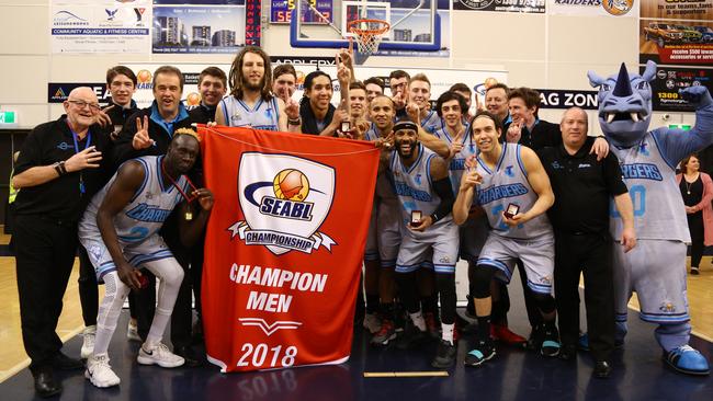 The Hobart Chargers celebrating their SEABL Grand Final victory in 2018. Picture: Shannon Knaus