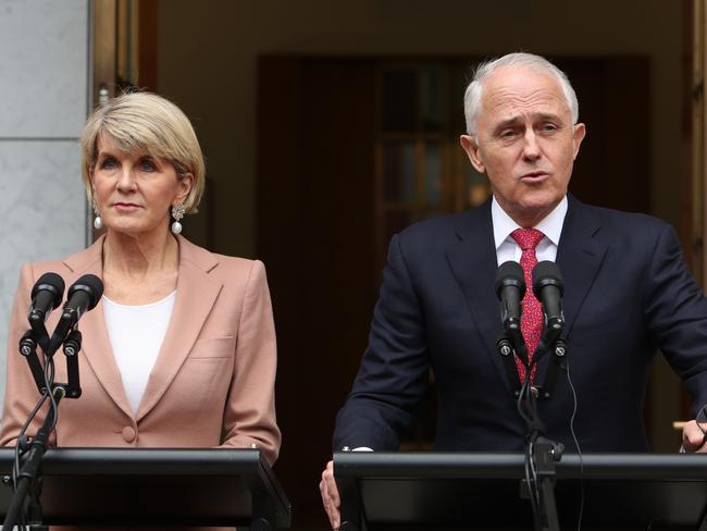 Malcolm Turnbull and Julie Bishop hold a press conference at Parliament House in Canberra after the Liberal Party room meeting. Picture: Kym Smith