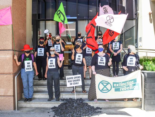 ADELAIDE, AUSTRALIA - NewsWire Photos DECEMBER 2, 2021: Extinction Rebellion protesters outside the office of Minister for Environment and Water David Speirs. Picture: NCA NewsWire / Brenton Edwards