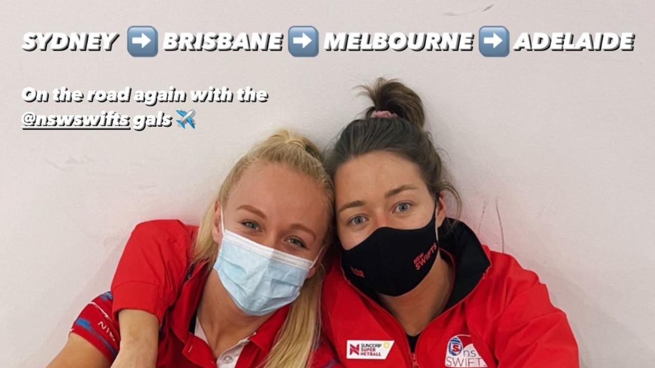 NSW Swifts Tayla Fraser and Lauren Moore take a break at the airport having been moved four times this season.