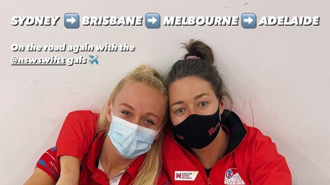 NSW Swifts Tayla Fraser and Lauren Moore take a break at the airport having been moved four times this season.