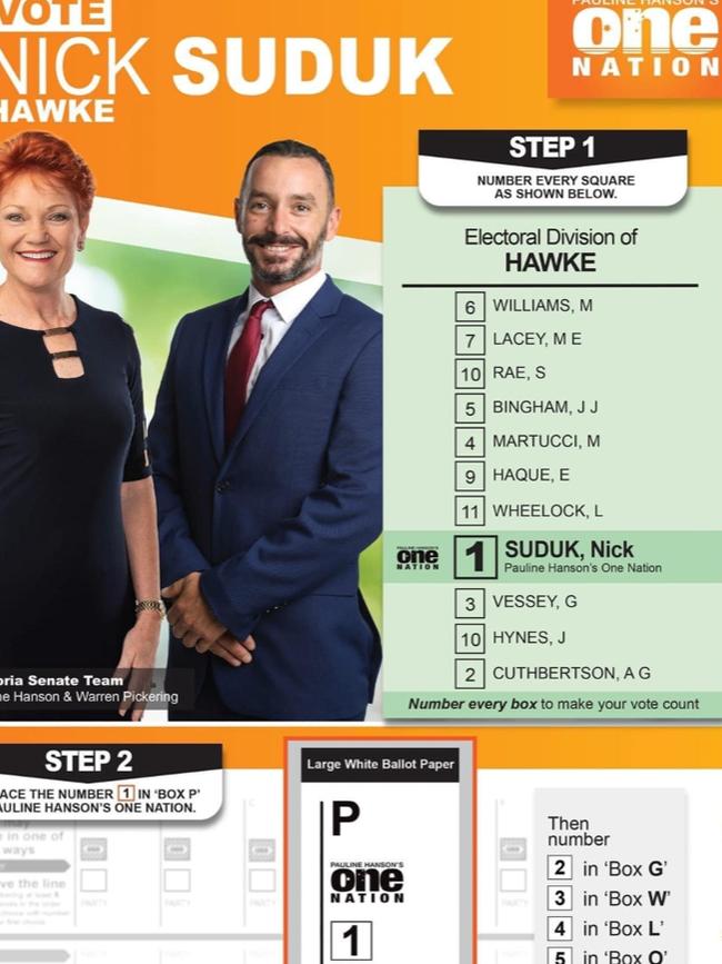 The 'How to Vote' card for One Nation candidate Nick Suduk.