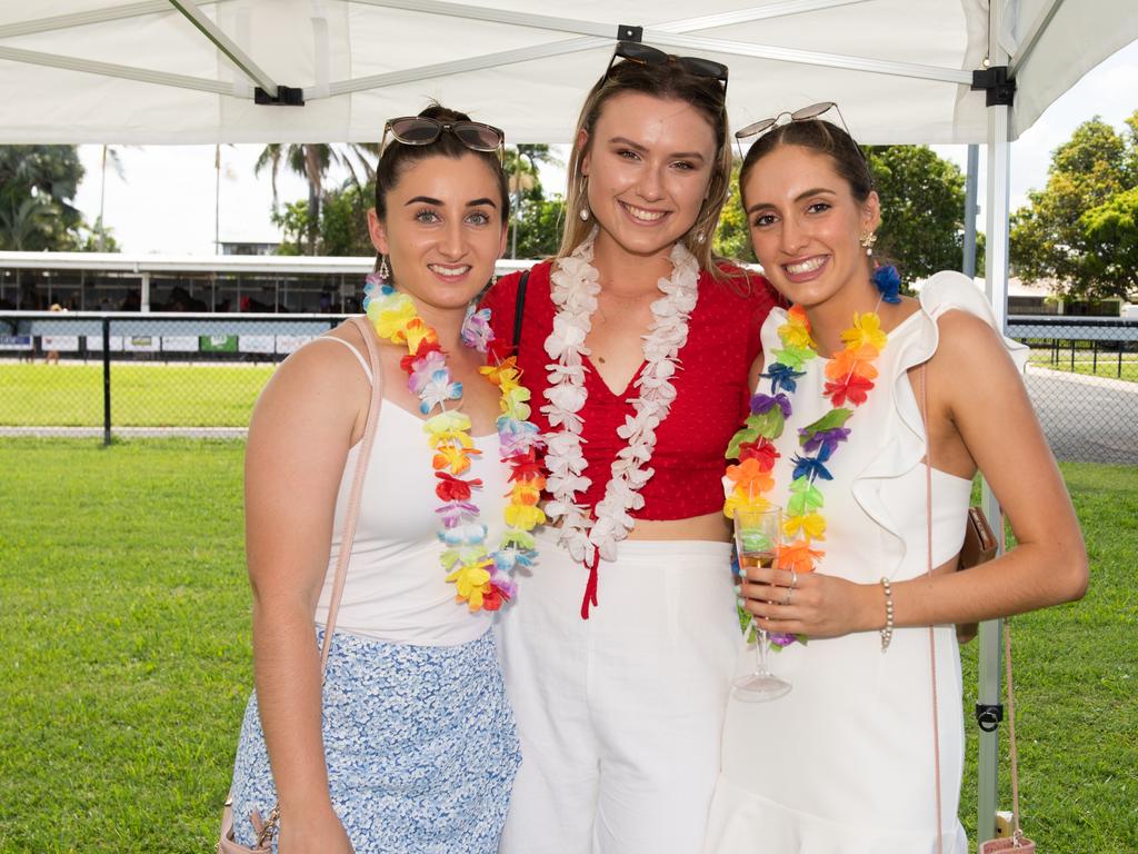 Stephanie Vella from Greenmount, Clare Pullen and Amy Saward from Walkerston at the Hawaiian Christmas Race Day. Mackay Turf Club, Ooralea. Picture: Michaela Harlow