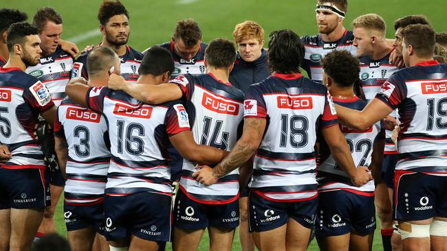 Super Rugby :  Melbourne Rebels V Auckland Blues at AAMI Park, 23rd February, Melbourne Australia.   Melbourne Rebels get together after the loss. Picture : George Salpigtidis