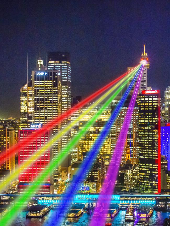 An artist’s render of Global Rainbow, Yvette Mattern from Sydney Tower. Picture: Supplied