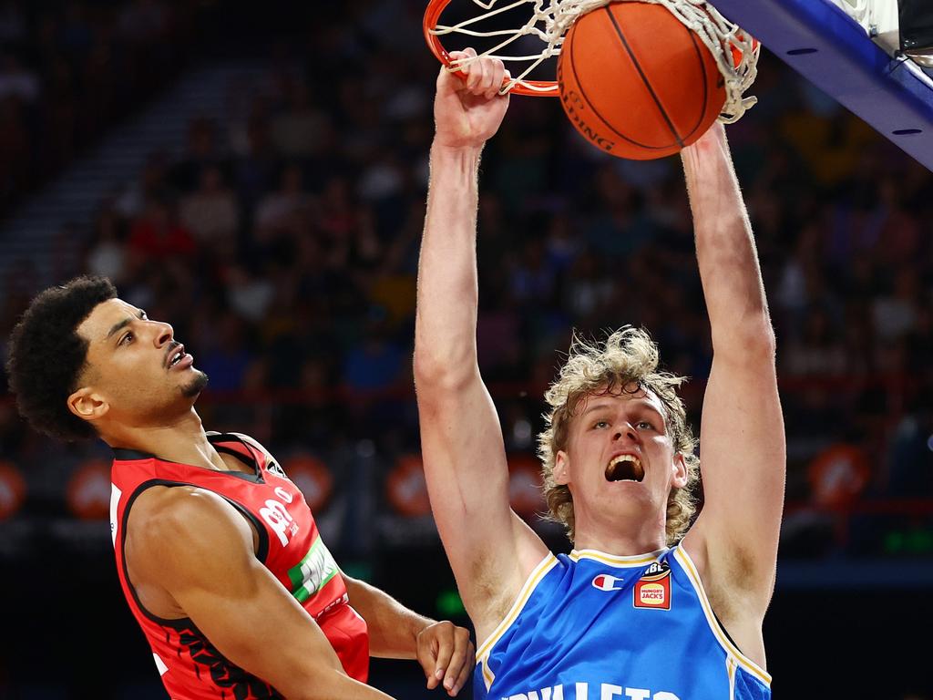 Rocco Zikarsky dunks during the round nine NBL match between Brisbane Bullets and Perth Wildcats at Brisbane Entertainment Centre. Photo: Chris Hyde/Getty Images.