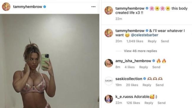 Hembrow posted a since-deleted comment addressing criticism she received from Celeste Barber. Picture: Instagram.