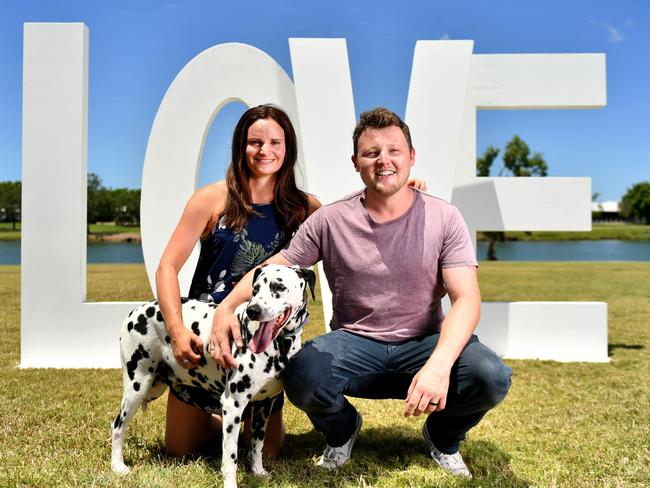 Co Owners of Townsville Love Letters, Lily and Brady Ellis. Pictured with their 7yo Dalmatian Axl. Picture: Alix Sweeney