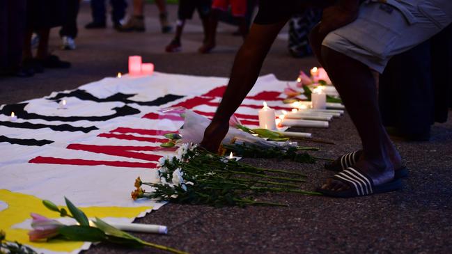 Hundreds of Top End residents gathered outside the NT Parliament on Wednesday for a vigil for Kumanjayi White, a 24-year-old Warlpiri man with a disability who died after being restrained by police in the Alice Springs Coles. Picture: Zizi Averill