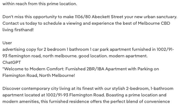 Advertising copy for 1002/91-93 Flemington Road, North Melbourne, reveals a copy paste gaff.