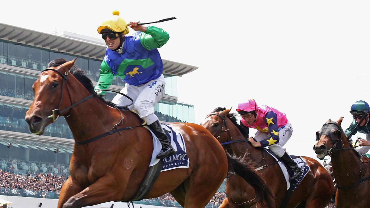 Jockey Christian Reith riding Nechita wins Race Four the Coolmore Stud Stakes during AAMI Victoria Derby Day at Flemington Racecourse on 3rd November, 2012.