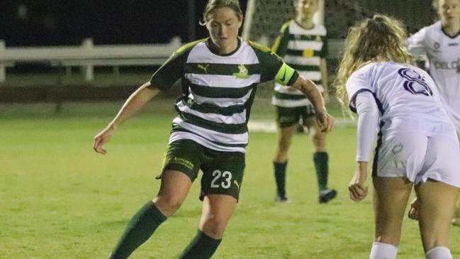 Western Pride footballer Meaghan McElligott playing against Brisbane City in the National Premier Leagues match at the Briggs Road Sporting Complex. Picture: Christina Moran